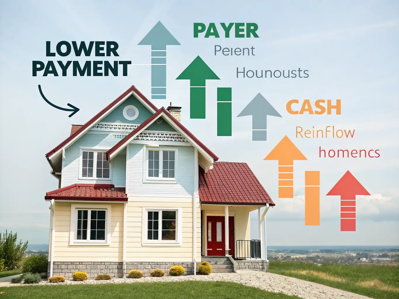 A graphic showing a house with arrows indicating lower payments and increased cash flow, representing the benefits of refinancing.