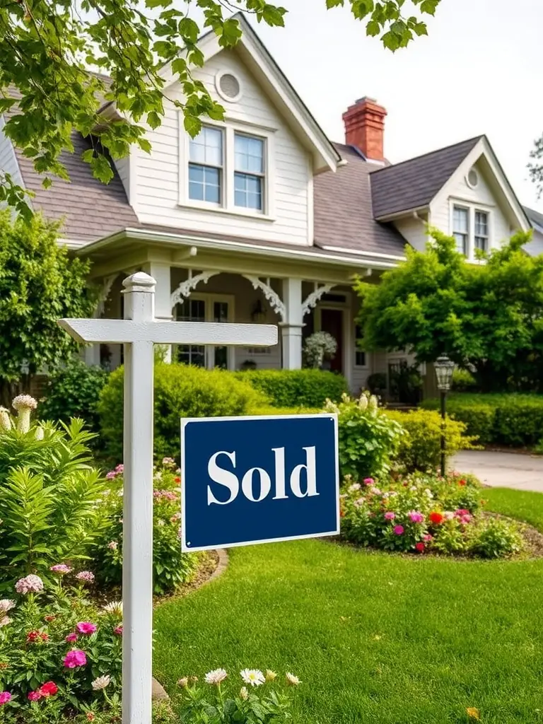 A cozy suburban home with a 'sold' sign in the front yard, bathed in the warm light of a Florida sunset, representing a conventional mortgage success story.